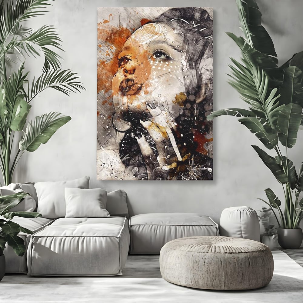 Tablou canvas cu tablou canvas cu portret abstract feminin, fara rama, pe sasiu de lemn, pe perete intr-un living